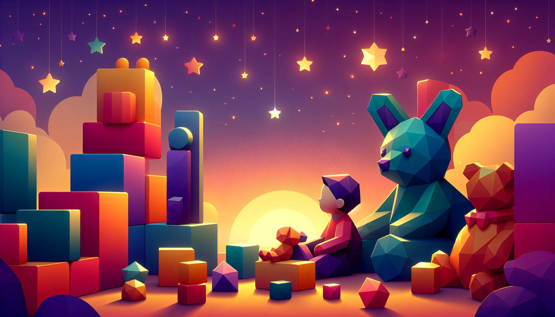 A small child among colorful blocks and friendly animals under a twilight sky