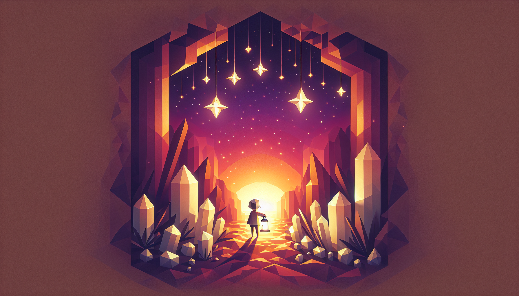 A young explorer with a lantern at a magical crystal cave entrance