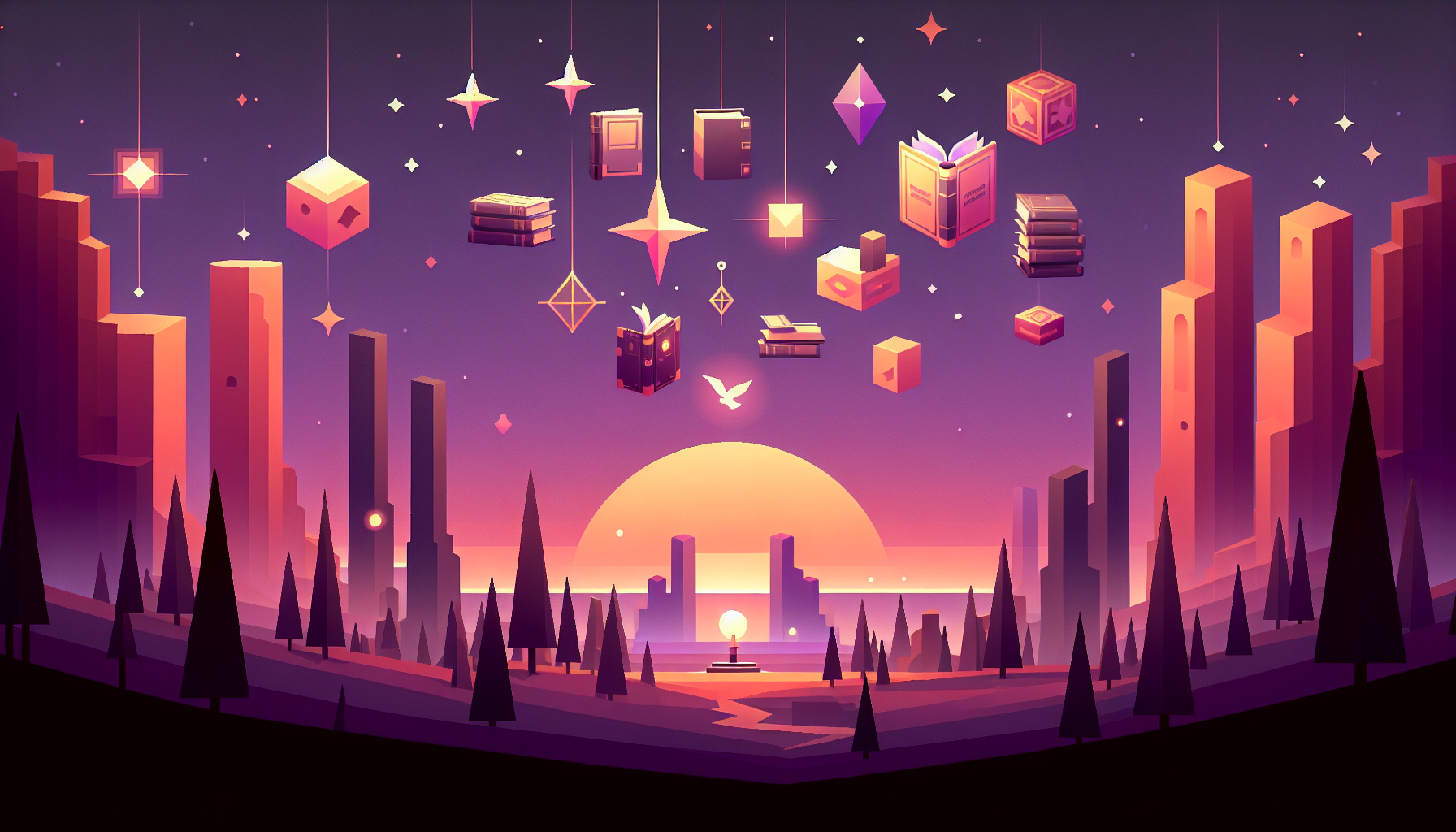Floating magical devices and storybooks in a twilight sky