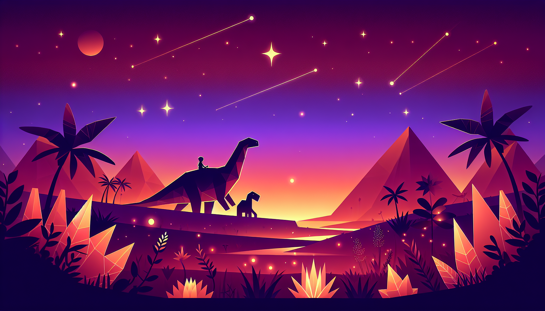A friendly geometric dinosaur with a child riding through a twilight prehistoric valley