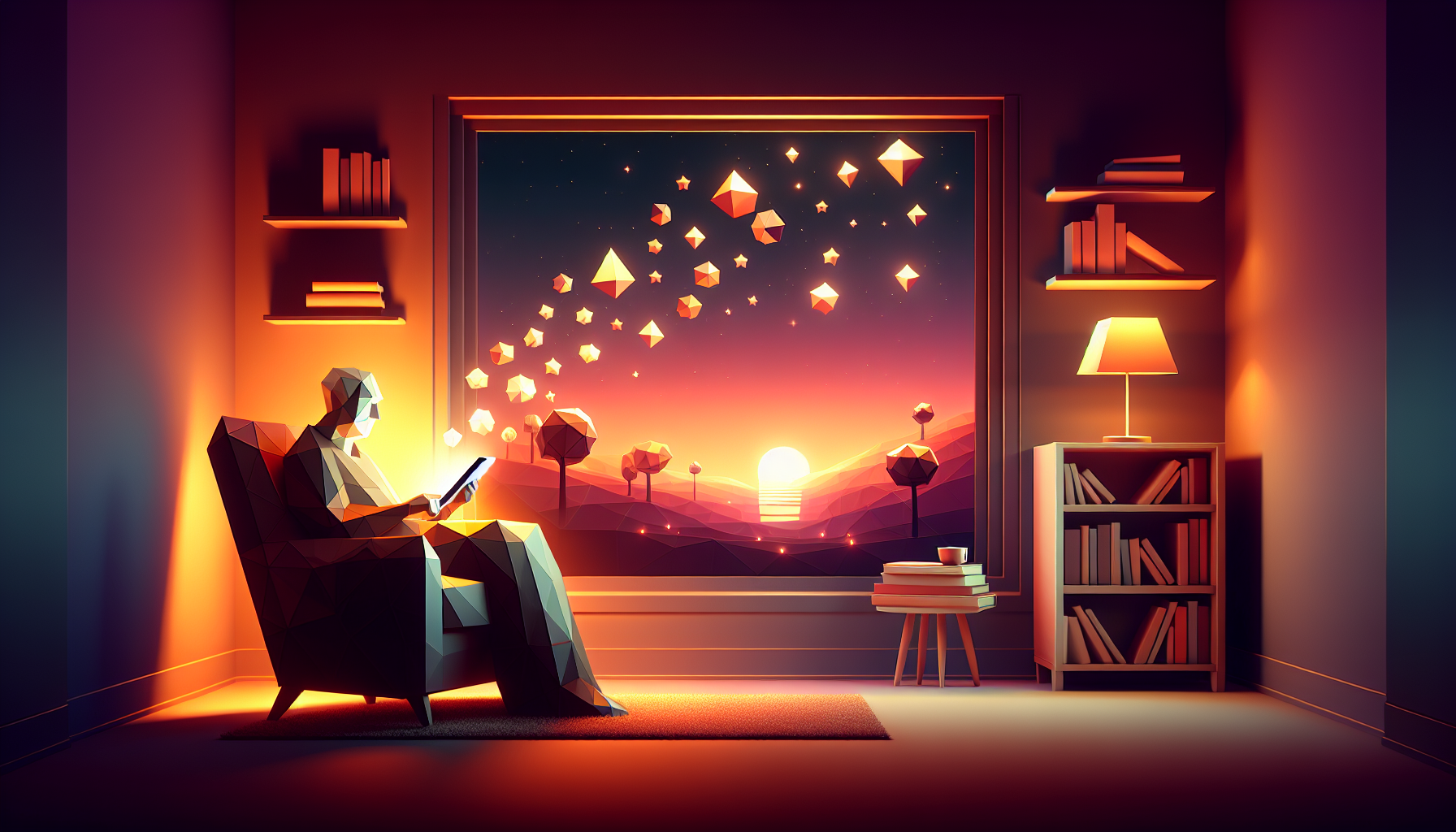 A friendly geometric grandparent figure sitting in a cozy chair with a glowing tablet showing a child's face, simple step icons floating around in a twilight room