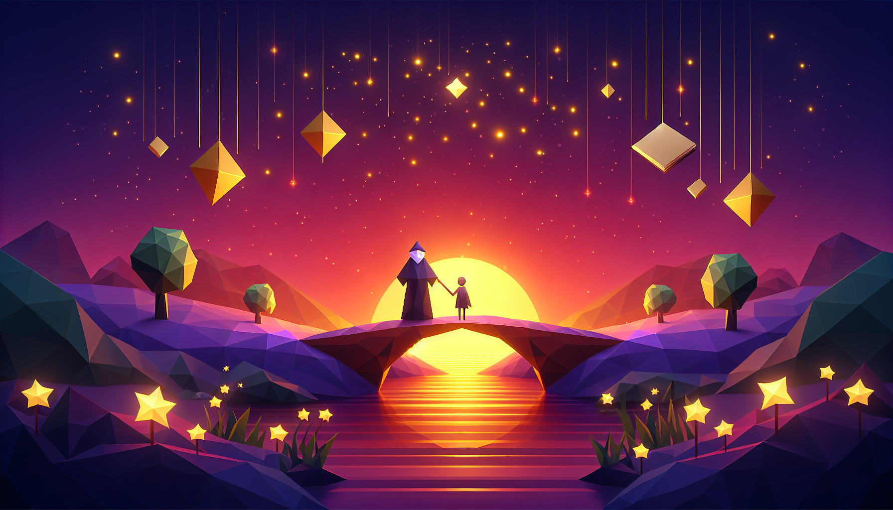 A grandparent figure connected to a child through a glowing story bridge across a twilight landscape