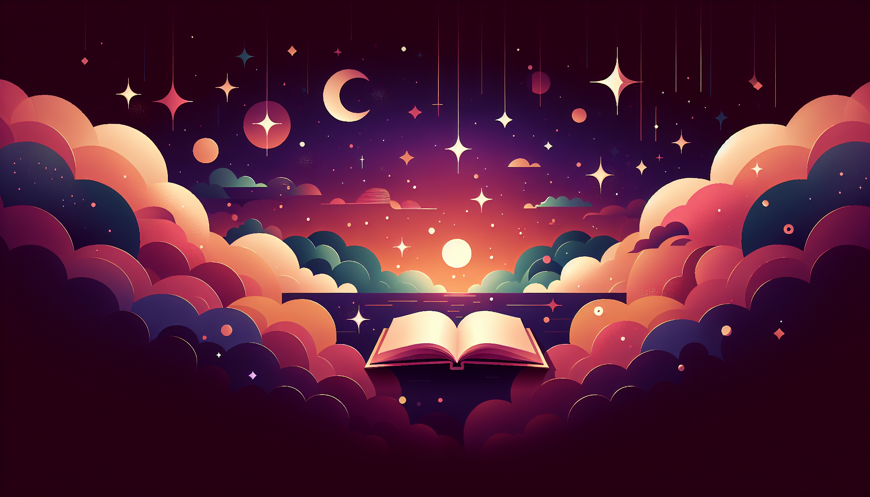 A colorful illustrated storybook floating in a dreamy twilight sky with AI sparkles