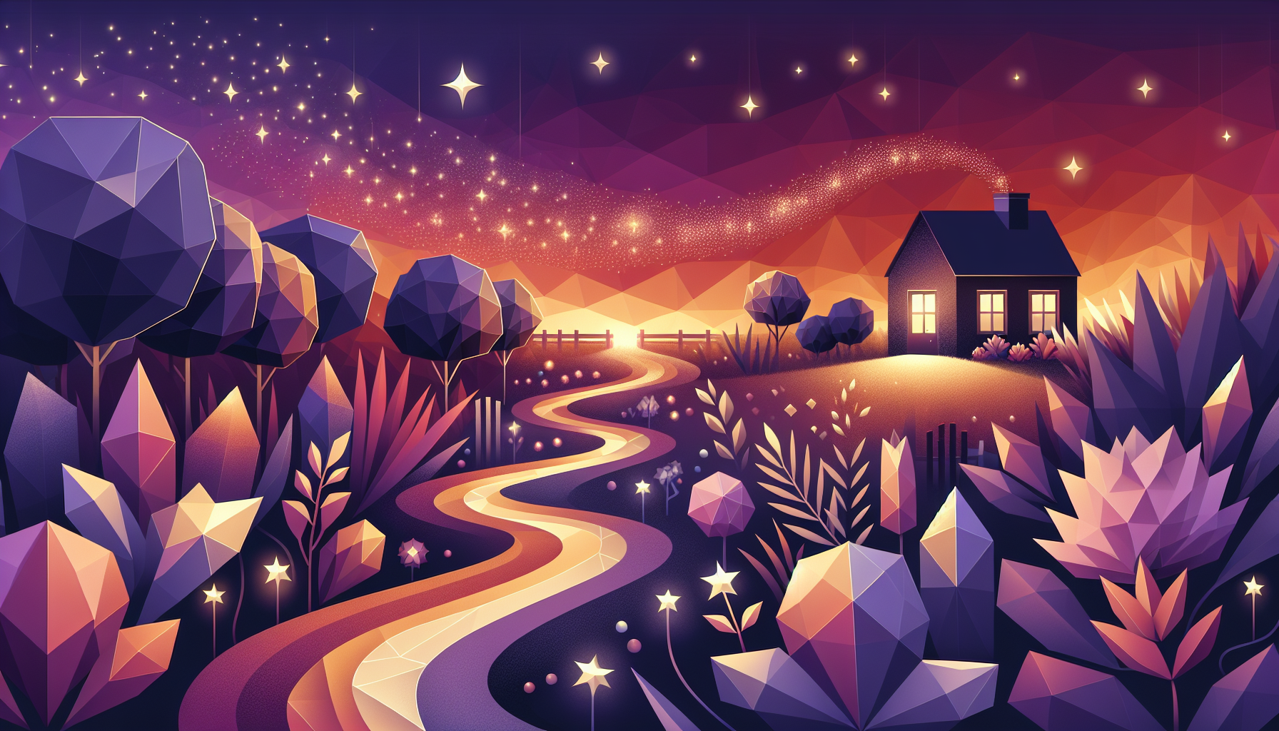 A serene twilight garden path leading to a cozy cottage