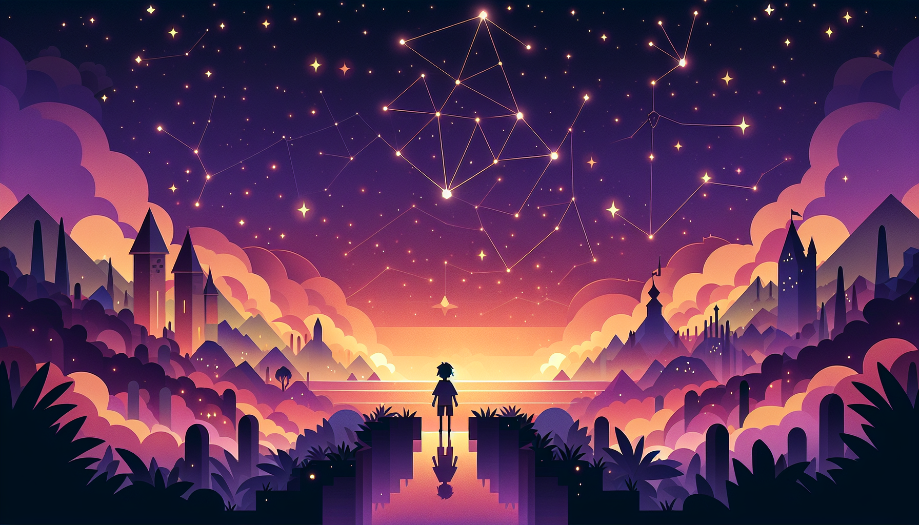 A child silhouette at the entrance of a magical kingdom