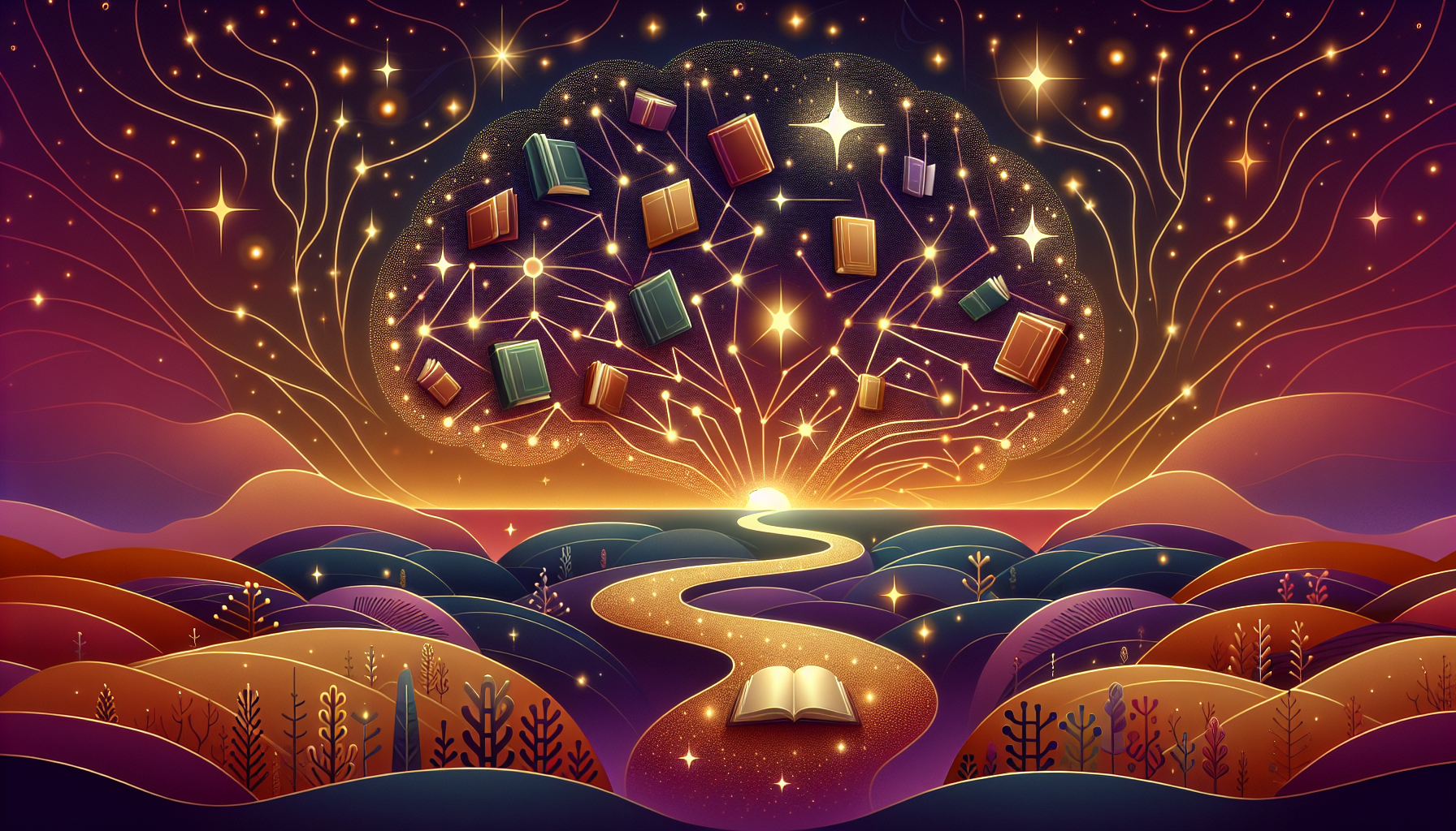 A dreamy brain-shaped landscape with floating books and golden light