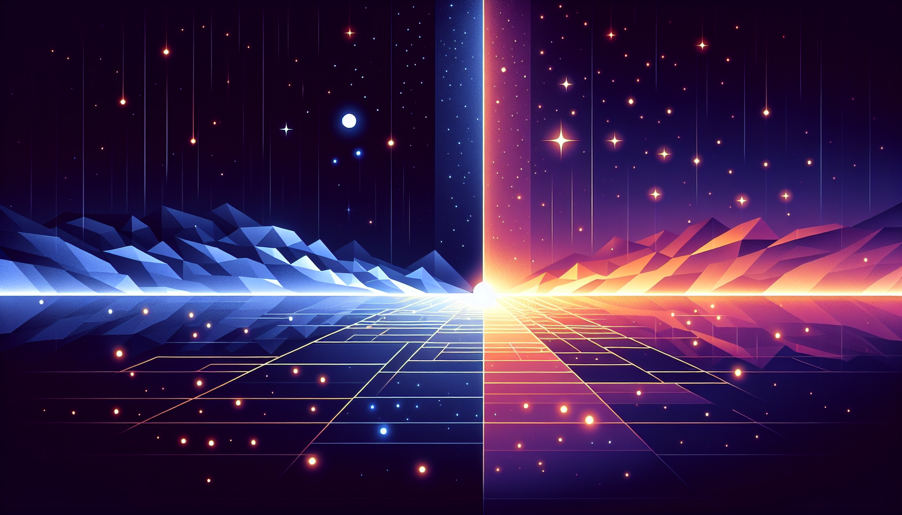 A split scene contrasting blue screen light with warm golden audio light