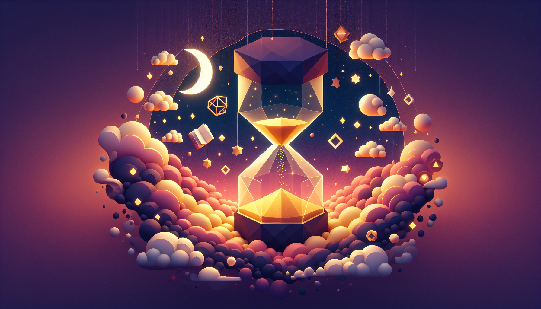 A golden hourglass surrounded by miniature floating storybooks at twilight